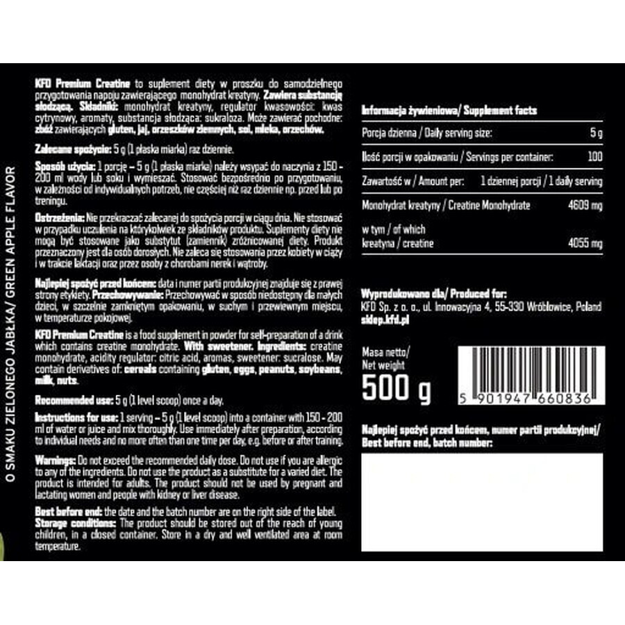 KFD Premium Creatine, green apple flavor, 500 g
