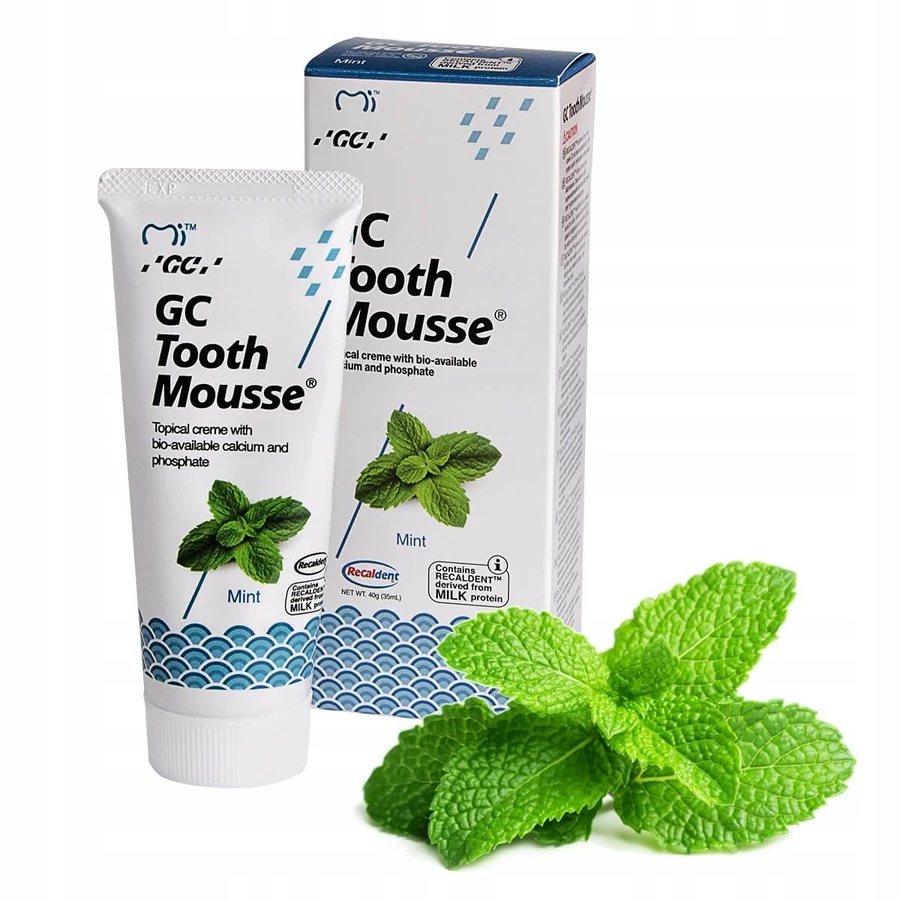 GC Tooth Mousse, pasta para uso tópico, sabor a menta, sin flúor, 35 ml