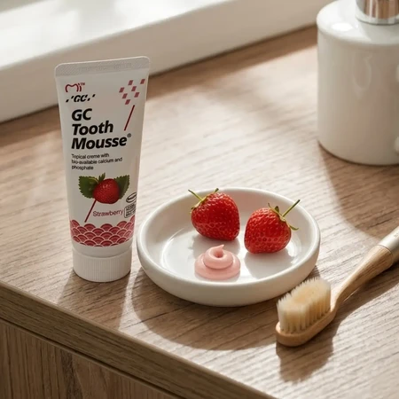 GC Tooth Mousse, pasta para uso tópico, sabor fresa, sin flúor, 35 ml