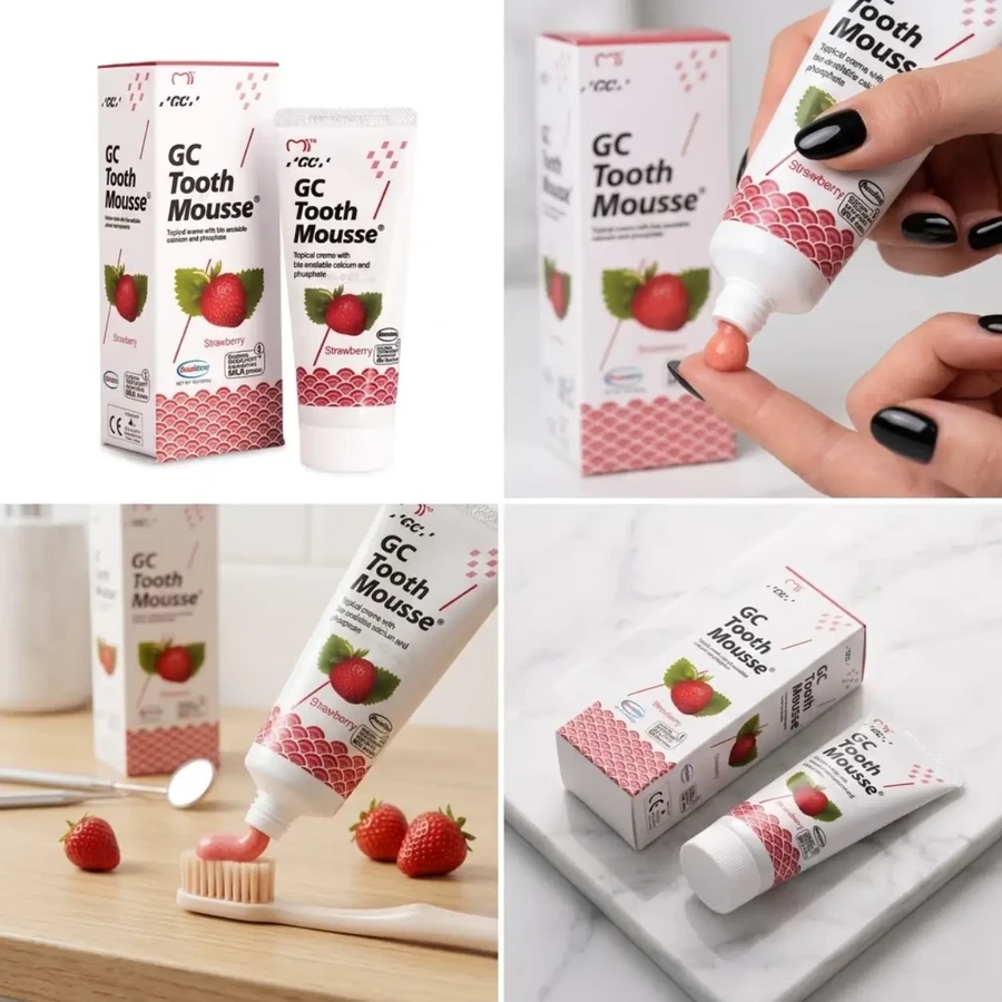 GC Tooth Mousse, pasta para uso tópico, sabor fresa, sin flúor, 35 ml