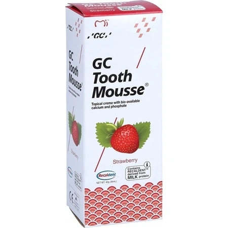 GC Tooth Mousse, pasta para uso tópico, sabor fresa, sin flúor, 35 ml