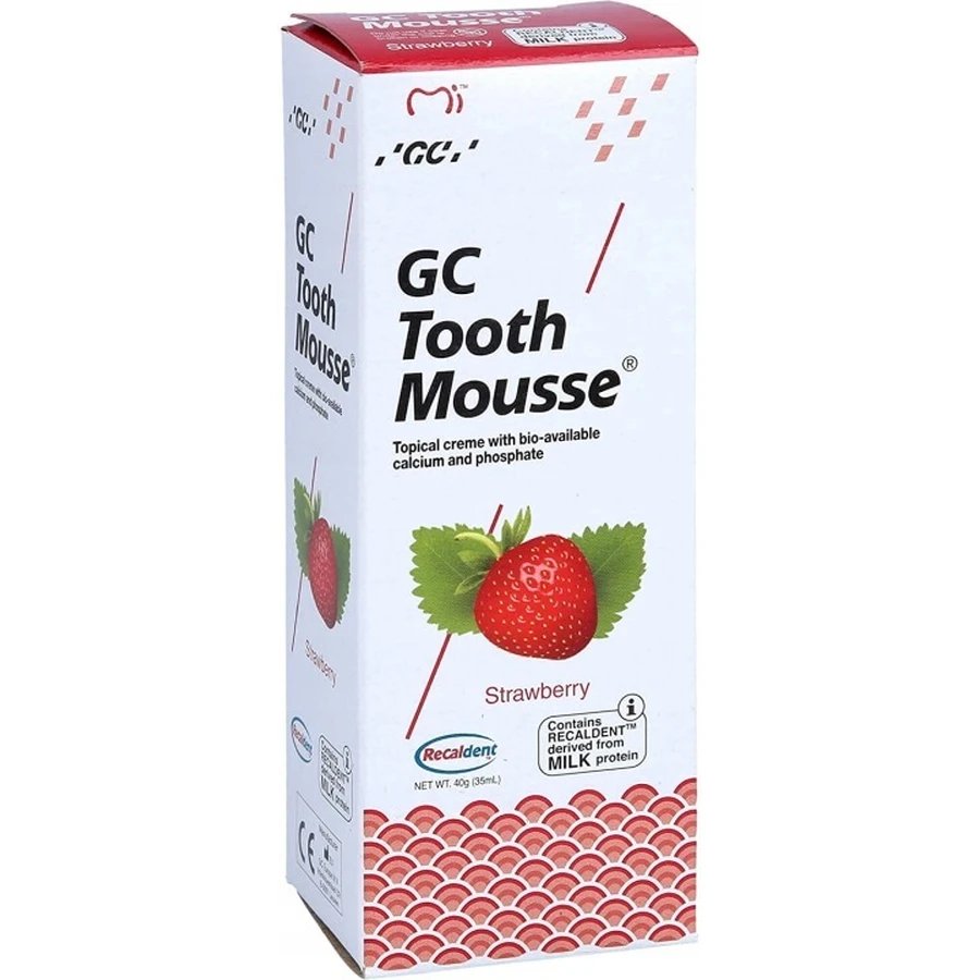 GC Tooth Mousse, pasta para uso tópico, sabor fresa, sin flúor, 35 ml