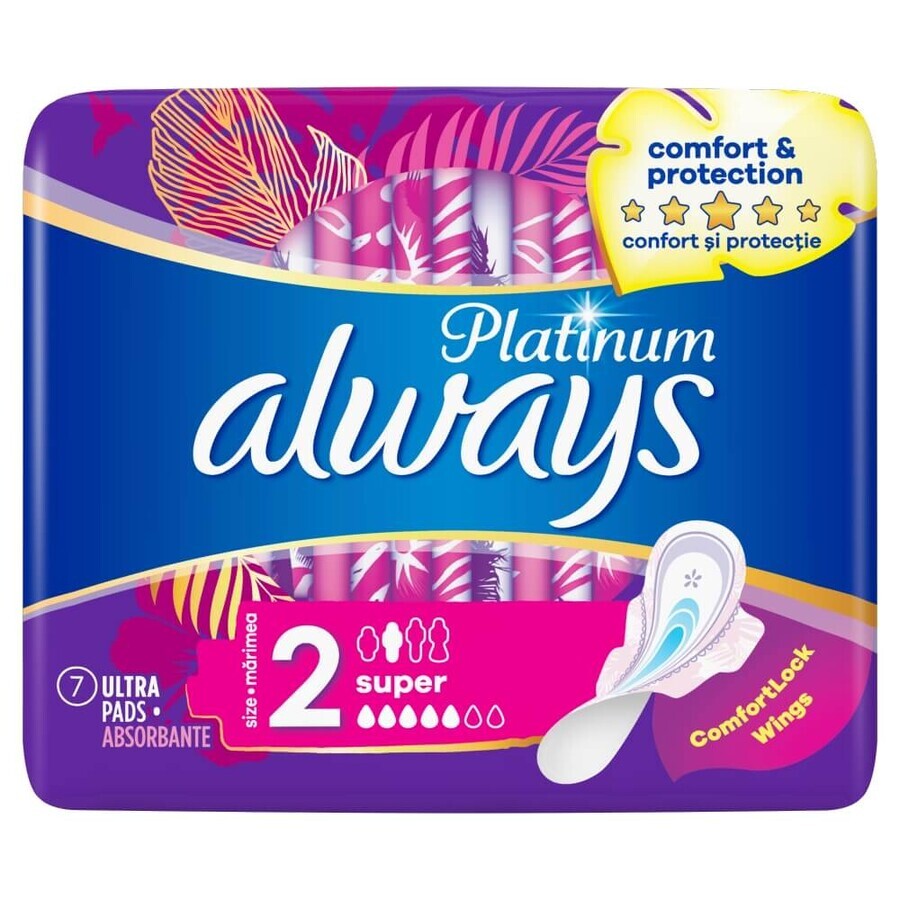Boutique Always Platinum, serviettes hygiéniques, Ultra Super Plus, 7 pièces Always Platinum, serviettes hygiéniques, Ultra Super Plus, 7 pièces