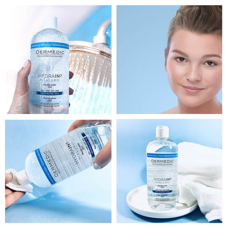 Dermedic Hydrain 3 Hyaluro, micellar liquid H2O, dehydrated and dry skin, 500 ml
