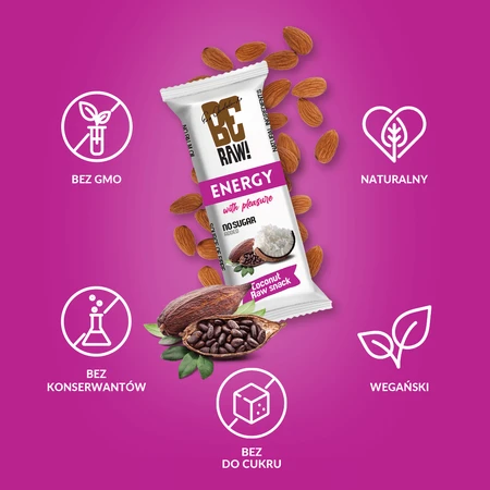 BeRaw! Energy Raw Snack, energiereep, rauwe cacao, kokos, 40 g
