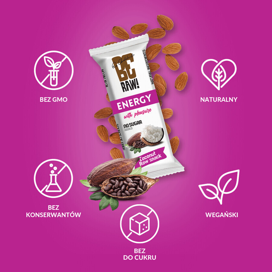 BeRaw ! Energy Raw Snack, barre énergétique, cacao cru, noix de coco, 40 g