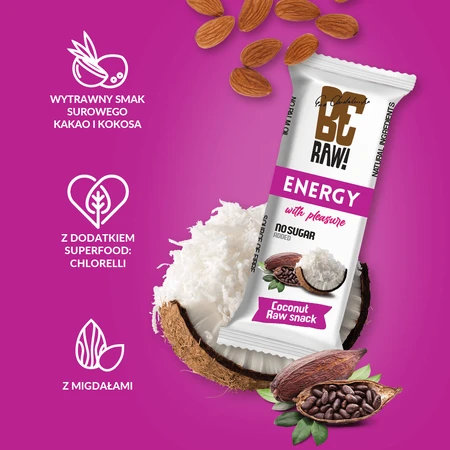BeRaw! Energy Raw Snack, energiereep, rauwe cacao, kokos, 40 g