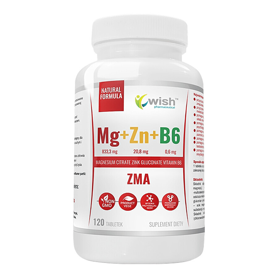 Boutique Wish Mg + Zn + B6 ZMA, magnésium, zinc, vitamine B6, 120 comprimés Wish Mg + Zn + B6 ZMA, magnésium, zinc, vitamine B6, 120 comprimés