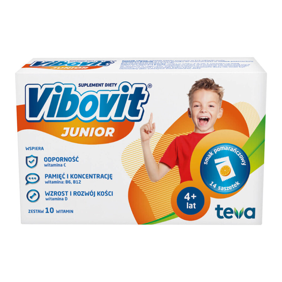 Cumpără Vibovit Junior, pentru copii cu vârsta cuprinsă între 4-12 ani, aromă de portocale, 14 pliculețe Vibovit Junior, pentru copii cu vârsta cuprinsă între 4-12 ani, aromă de portocale, 14 pliculețe