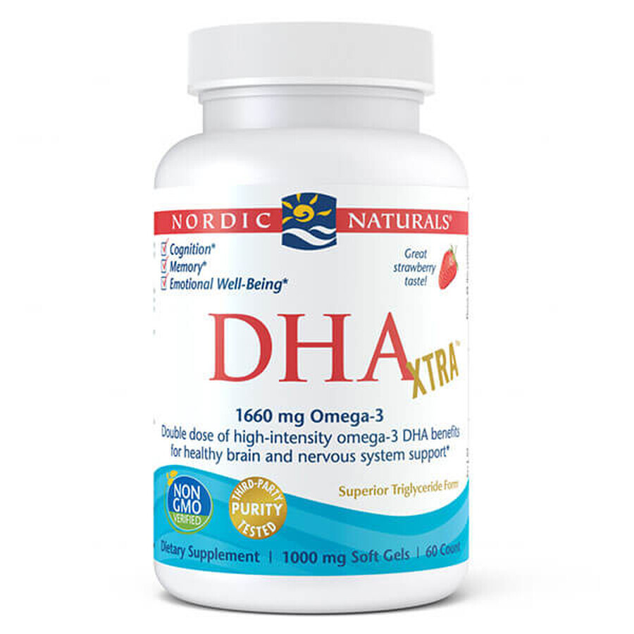 Winkel op Nordic Naturals DHA Xtra, Omega-3 1660 mg, aardbeiensmaak, 60 capsules Nordic Naturals DHA Xtra, Omega-3 1660 mg, aardbeiensmaak, 60 capsules