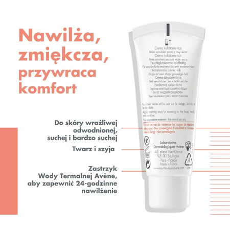 Avene Hydrance Rich, crema hidratante rica, pieles sensibles, secas y muy secas, 40 ml