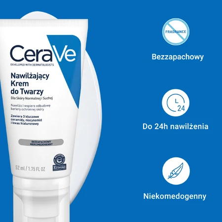 CeraVe, crema hidratante con ceramidas para el rostro, piel normal y seca, 52 ml