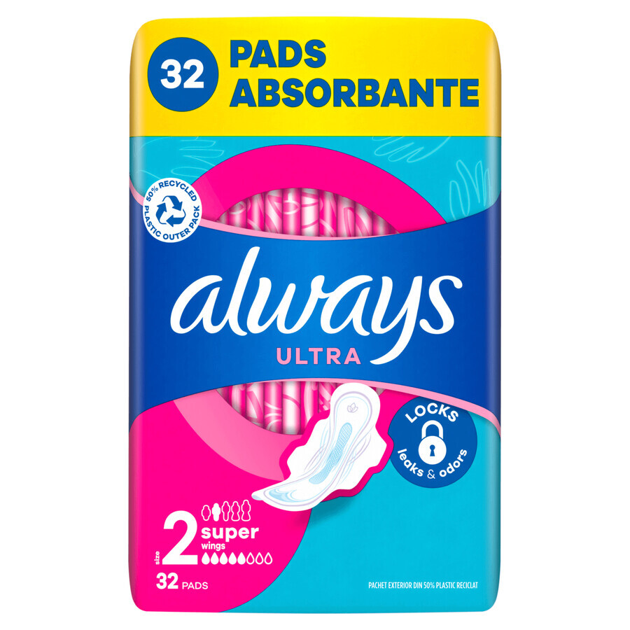 Always Ultra, toallas sanitarias con alas, talla 2, Super, 32 piezas