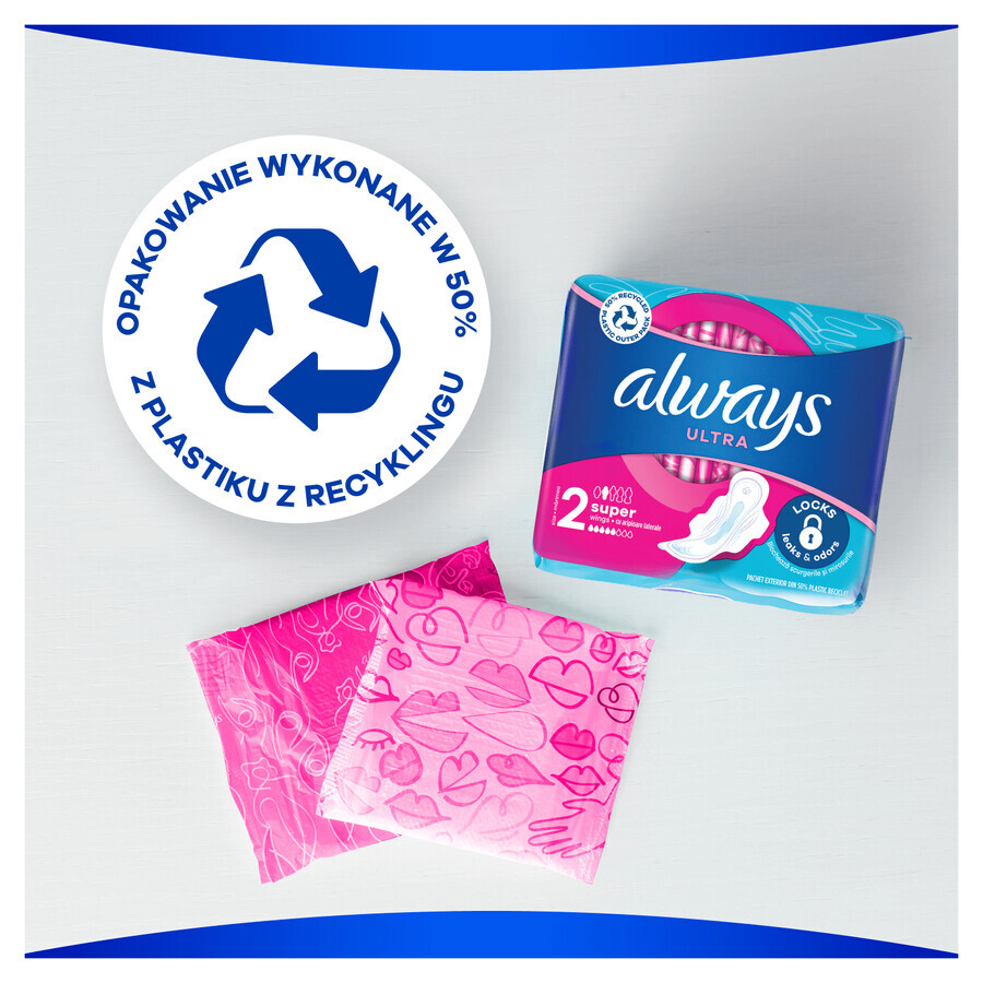Always Ultra, toallas sanitarias con alas, talla 2, Super, 32 piezas