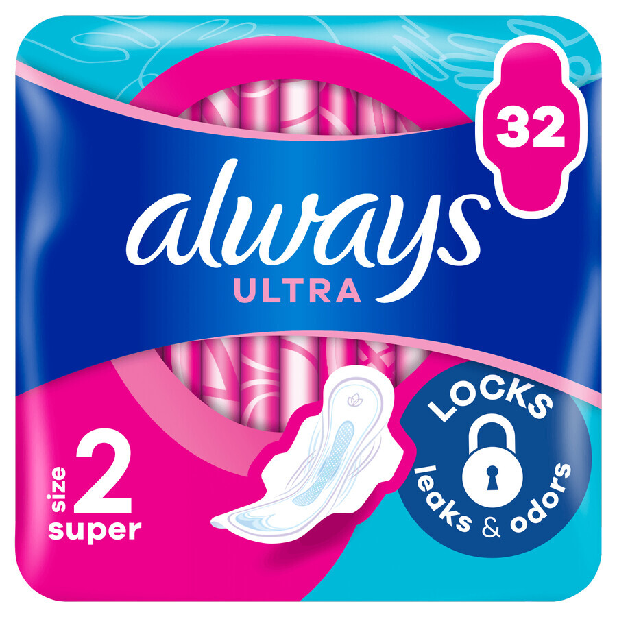 Always Ultra, toallas sanitarias con alas, talla 2, Super, 32 piezas