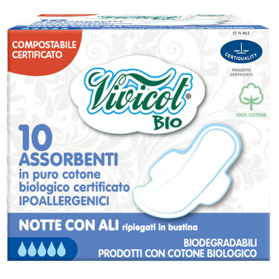 Cumpără Vivicot Bio, șervețele sanitare din bumbac organic, cu aripi, compostabile, pentru noapte, 10 bucăți Vivicot Bio, șervețele sanitare din bumbac organic, cu aripi, compostabile, pentru noapte, 10 bucăți