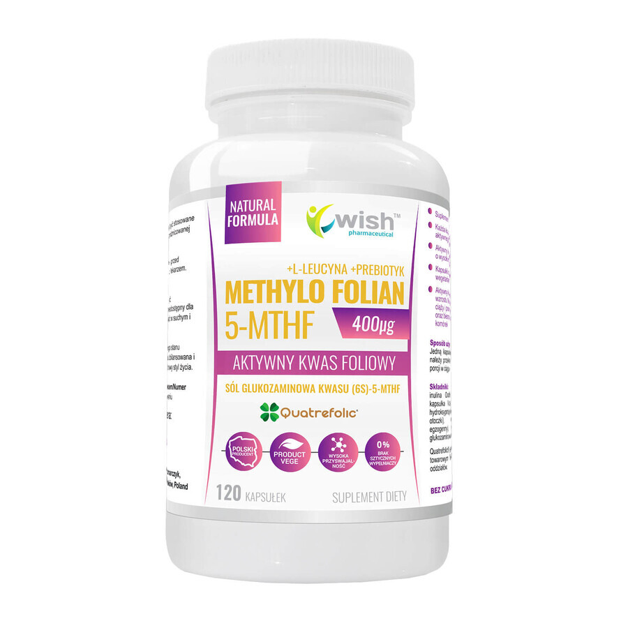 Boutique Wish Methyl Folate 5-MTHF 400 μg, acide folique actif, 120 gélules végétales Wish Methyl Folate 5-MTHF 400 μg, acide folique actif, 120 gélules végétales
