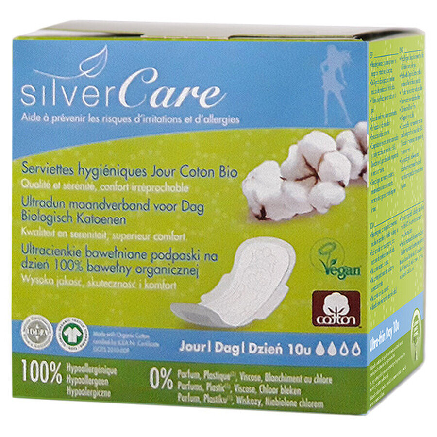 Compresas sanitarias Silver Care, ultrafinas, de algodón orgánico, con alas, para uso diurno, 10 unidades
