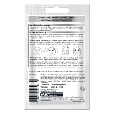 Yoskine Geisha Mask Sakura, mascarilla plateada sobre tela, nutritiva y reafirmante, 20 ml