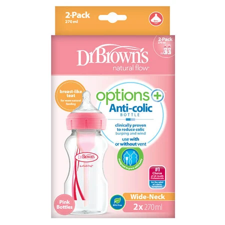 Dr Brown's, biberón anticólicos, cuello ancho Options +, con tetina, rosa, 2 x 270 ml
