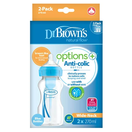 Dr Brown's, biberón anticólicos, cuello ancho Opciones +, con tetina, azul, 2 x 270 ml