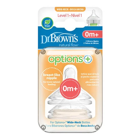 Dr Brown's Options+, tetina para biberón de silicona de boca ancha, Nivel 1, flujo natural, 0-3 meses, 2 piezas