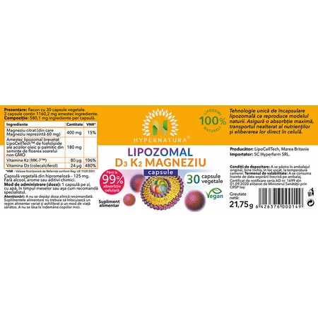 Hypernatura Lipozomal Vitamina D3 + K2 + Magnesio, 30 cápsulas