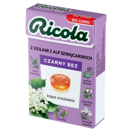 Ricola zwarte vlierbes, Zwitsers kruidensnoepje, suikervrij, 27,5 g