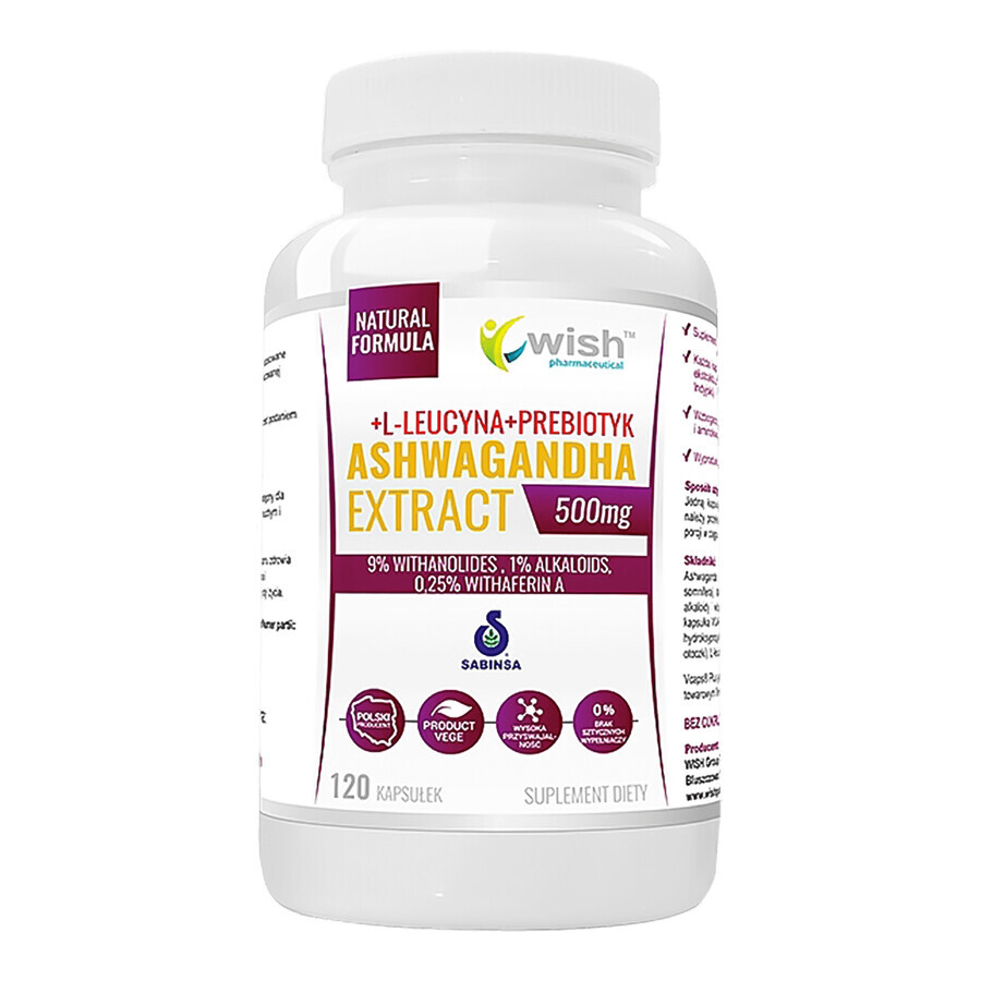 Cumpără Wish Ashwagandha Extract, ashwagandha 500 mg + L-leucină + prebiotic, 120 capsule Wish Ashwagandha Extract, ashwagandha 500 mg + L-leucină + prebiotic, 120 capsule
