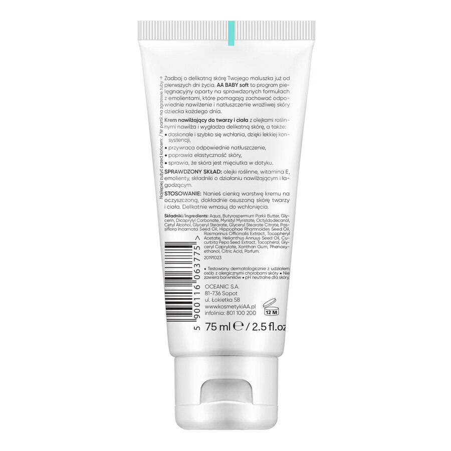 AA Baby Soft, hydraterende gezichts- en lichaamscrème, 75 ml AA Baby Soft, hydraterende gezichts- en lichaamscrème, 75 ml