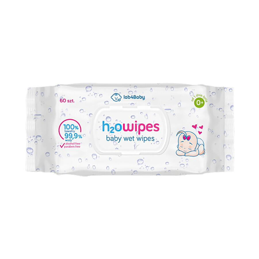 Lab4baby H2O Wipes Baby, șervețele umede pe bază de apă și extract de grapefruit, de la naștere, 60 bucăți