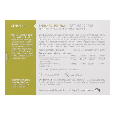 SEMA Lab Tomillo y uña de caballo + extracto de 20 hierbas, sin azúcar, 24 pastillas para chupar