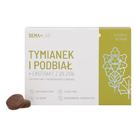 SEMA Lab Tomillo y uña de caballo + extracto de 20 hierbas, sin azúcar, 24 pastillas para chupar