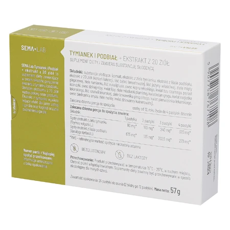 SEMA Lab Tomillo y uña de caballo + extracto de 20 hierbas, sin azúcar, 24 pastillas para chupar