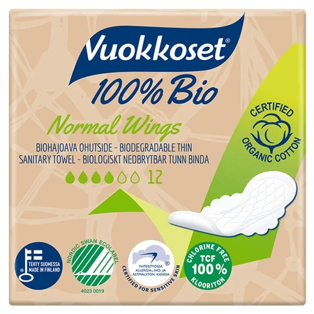 Vuokkoset, organic cotton sanitary napkins, 100% Bio, Normal wings, 12 pieces