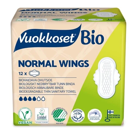 Vuokkoset, organic cotton sanitary napkins, 100% Bio, Normal wings, 12 pieces