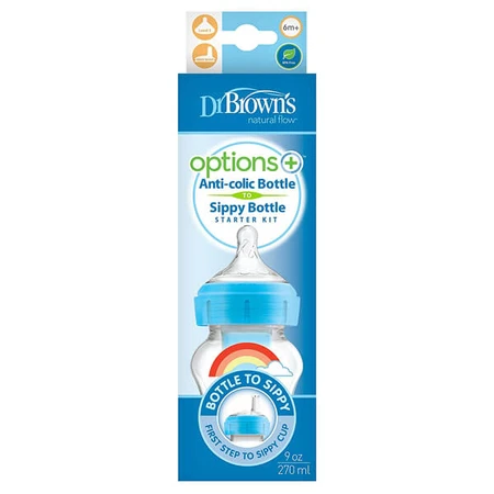 Dr Brown's Options+, Juego biberón-vaso, biberón anticólico, cuello ancho, 270 ml con tetina, nivel 3 + boquilla antigoteo, azul