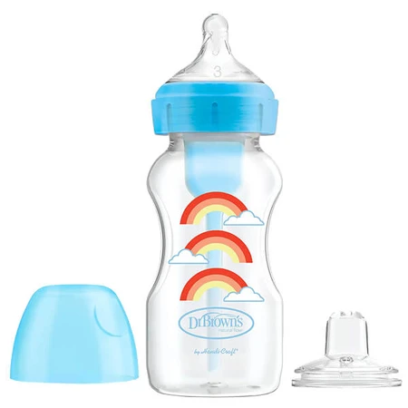 Dr Brown's Options+, Juego biberón-vaso, biberón anticólico, cuello ancho, 270 ml con tetina, nivel 3 + boquilla antigoteo, azul