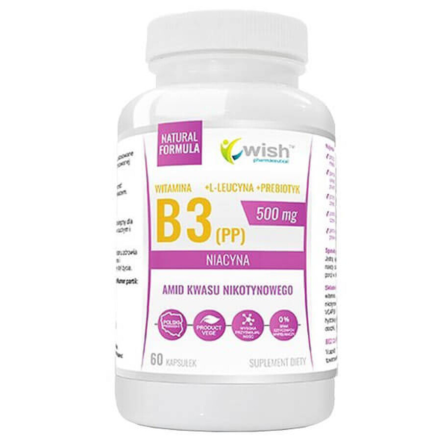 Boutique Wish Vitamine B3 (PP) Niacine 500 mg + Prébiotique + L-Leucine Vege, 60 gélules Wish Vitamine B3 (PP) Niacine 500 mg + Prébiotique + L-Leucine Vege, 60 gélules