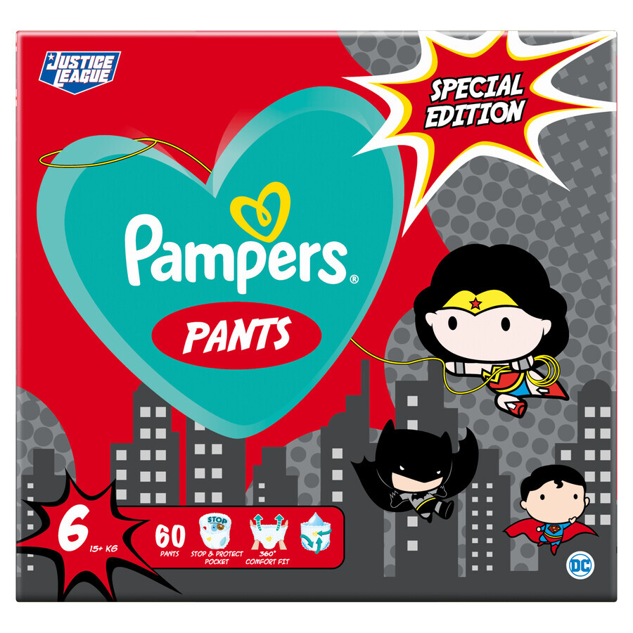 Pampers Pants, pañales, Liga de la Justicia, talla 6, 15+ kg, 60 uds.