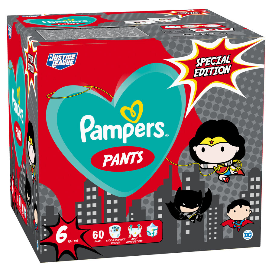 Pampers Pants, pañales, Liga de la Justicia, talla 6, 15+ kg, 60 uds.