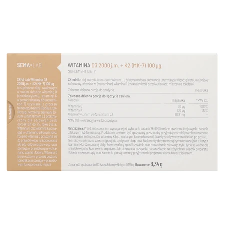 SEMA Lab Vitamin D3 2000 IU + K2 (MK-7) 100 µg, 60 Weichkapseln