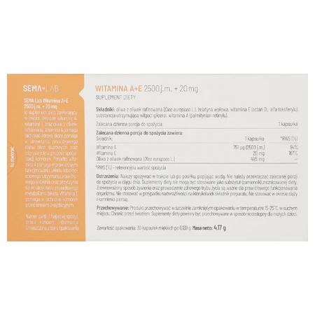 SEMA Lab Vitamine A+E 2500 IE + 20 mg, 30 capsules
