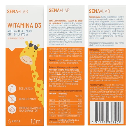 SEMA Lab Vitamina D3 400 UI para niños a partir de 1 día de edad, gotas, 10 ml
