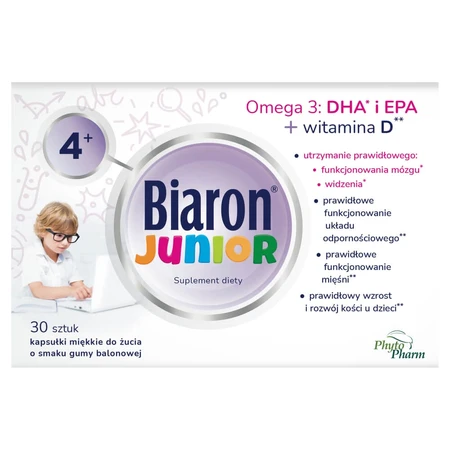 Biaron Junior, para niños mayores de 4 años y adultos, sabor chicle de frutas, 30 cápsulas masticables