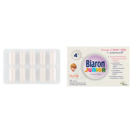 Biaron Junior, para niños mayores de 4 años y adultos, sabor chicle de frutas, 30 cápsulas masticables