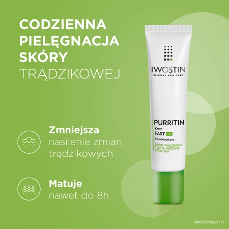 Iwostin Purritin, Crema Fast Azg 5% ​​azeloglicina, piel con acné, grasa, mixta, sensible, 40 ml