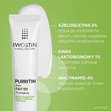 Iwostin Purritin, Crema Fast Azg 5% ​​azeloglicina, piel con acné, grasa, mixta, sensible, 40 ml
