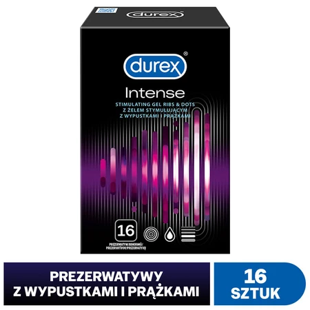Durex Intense, preservativos con gel estimulante, acanalados con tachuelas, 16 piezas