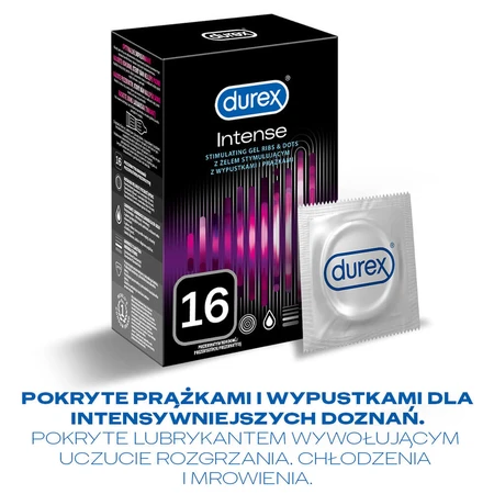 Durex Intense, preservativos con gel estimulante, acanalados con tachuelas, 16 piezas